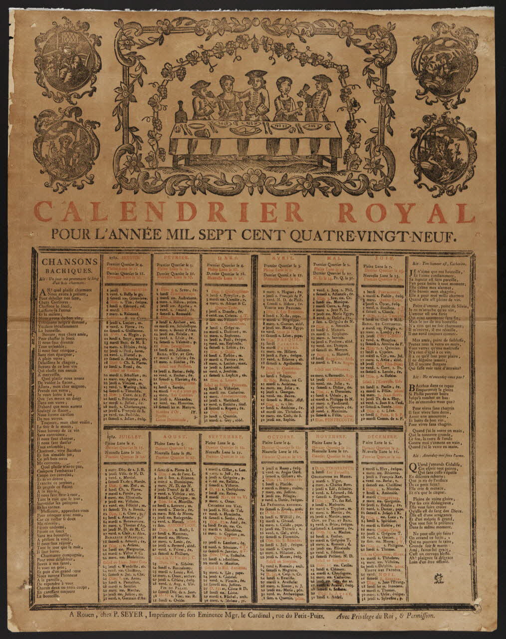 Seyer Pierre imagerie ancienne CALENDRIER ROYAL  POUR L'ANNEE MIL SEPT CENT QUATRE-VINGT-NEUF. Rouen 1788 1956.9.1.1 Photo