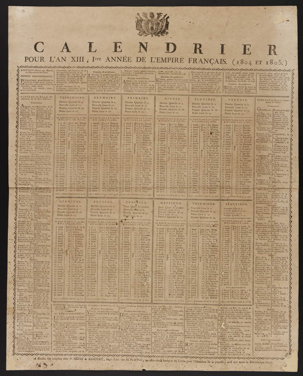 Seyer P. ; Béhourt imagerie ancienne CALENDRIER  POUR L'AN XIII, 1ere ANNEE DE L'EMPIRE FRANCAIS (1804 ET 1805.) Rouen 1804 1956.9.1.13 Photo