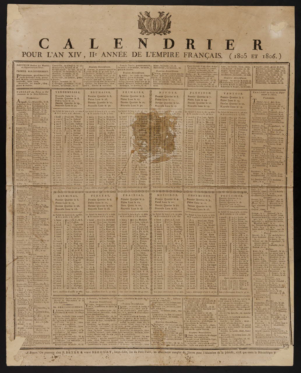 Seyer P. ; Béhourt imagerie ancienne CALENDRIER  POUR L'AN XIV, IIe ANNEE DE L'EMPIRE FRANCAIS. (1805 ET 1806.) Rouen 1805 1956.9.1.14 Photo