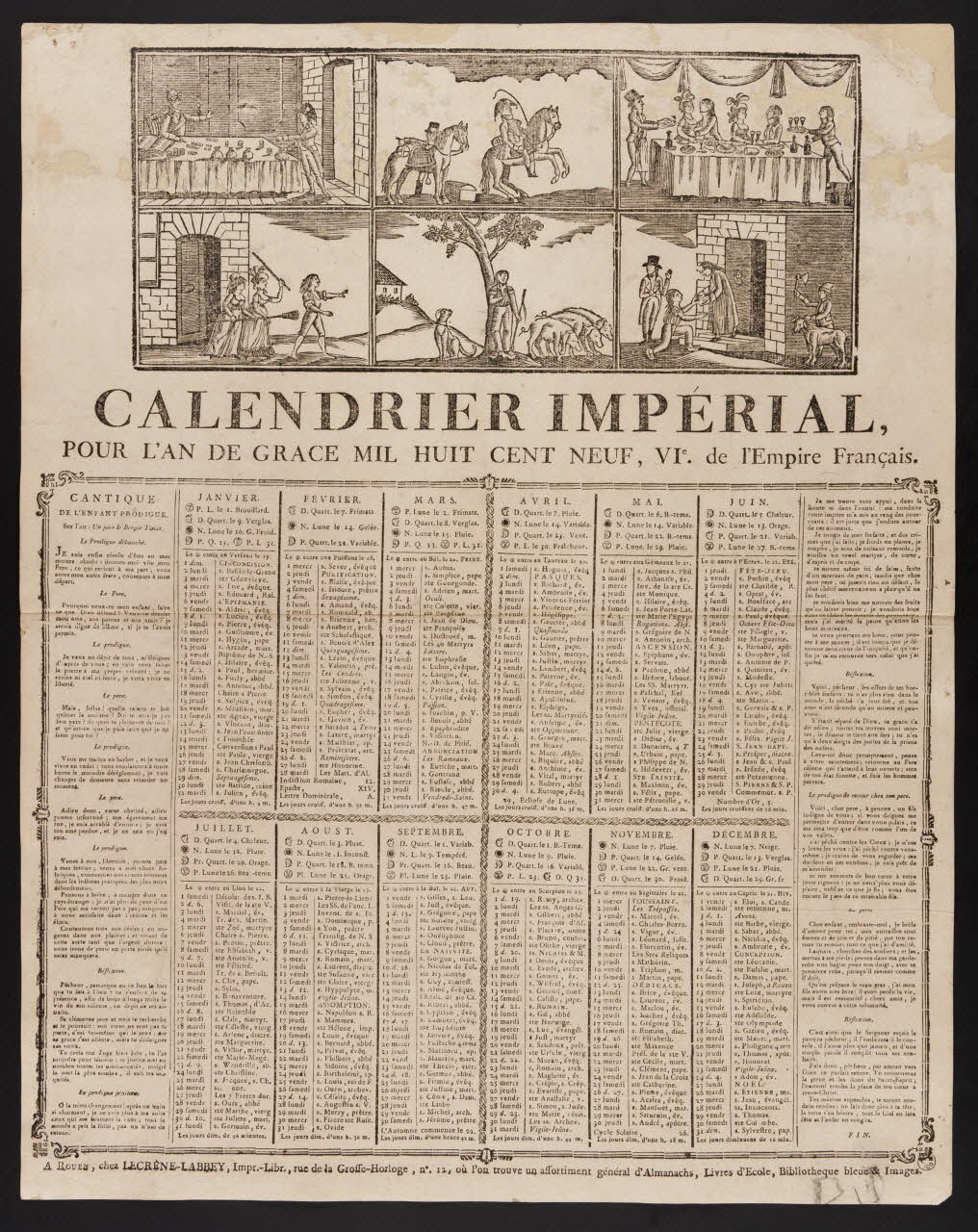 Laurent-Thomas-Joseph Lecrène-Labbey imagerie ancienne CALENDRIER IMPERIAL  POUR L'AN DE GRACE MIL HUIT CENT NEUF, VIe de l'Empire Français. Rouen 1808 1956.9.1.17 Photo
