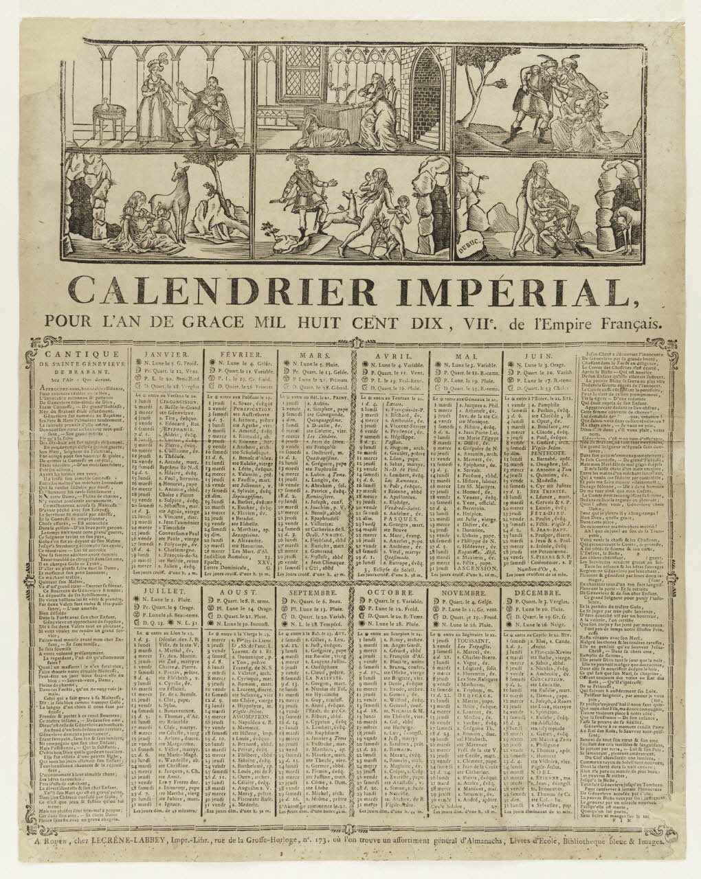 P. Dubuc ; Laurent-Thomas-Joseph Lecrène-Labbey imagerie ancienne CALENDRIER IMPERIAL, Rouen 1809 1956.9.1.18 Photo