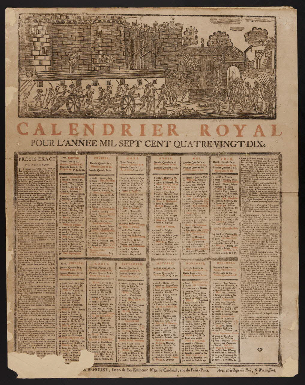Seyer P. ; Béhourt imagerie ancienne CALENDRIER ROYAL  POUR L'ANNEE MIL SEPT CENT QUATRE-VINGT-DIX. Rouen 1789 1956.9.1.2 Photo