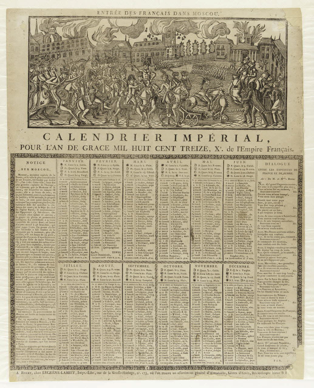 Laurent-Thomas-Joseph Lecrène-Labbey imagerie ancienne ENTREE DES FRANCAIS A MOSCOU.  CALENDRIER IMPERIAL, France 1812 1956.9.1.20 Photo