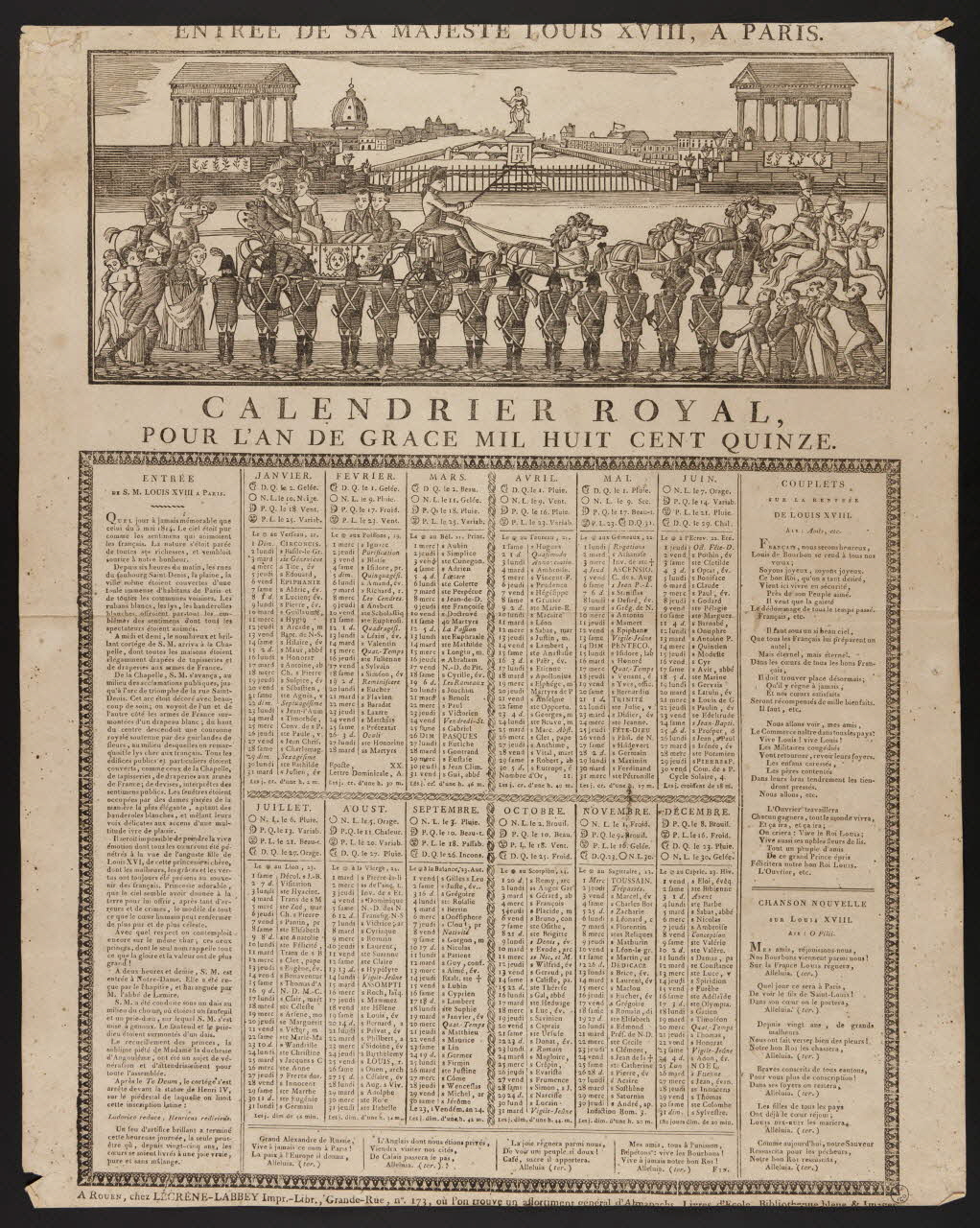 Laurent-Thomas-Joseph Lecrène-Labbey imagerie ancienne CALENDRIER ROYAL,  POUR L'AN DE GRACE MIL HUIT CENT QUINZE Rouen 1814 1956.9.1.22 Photo