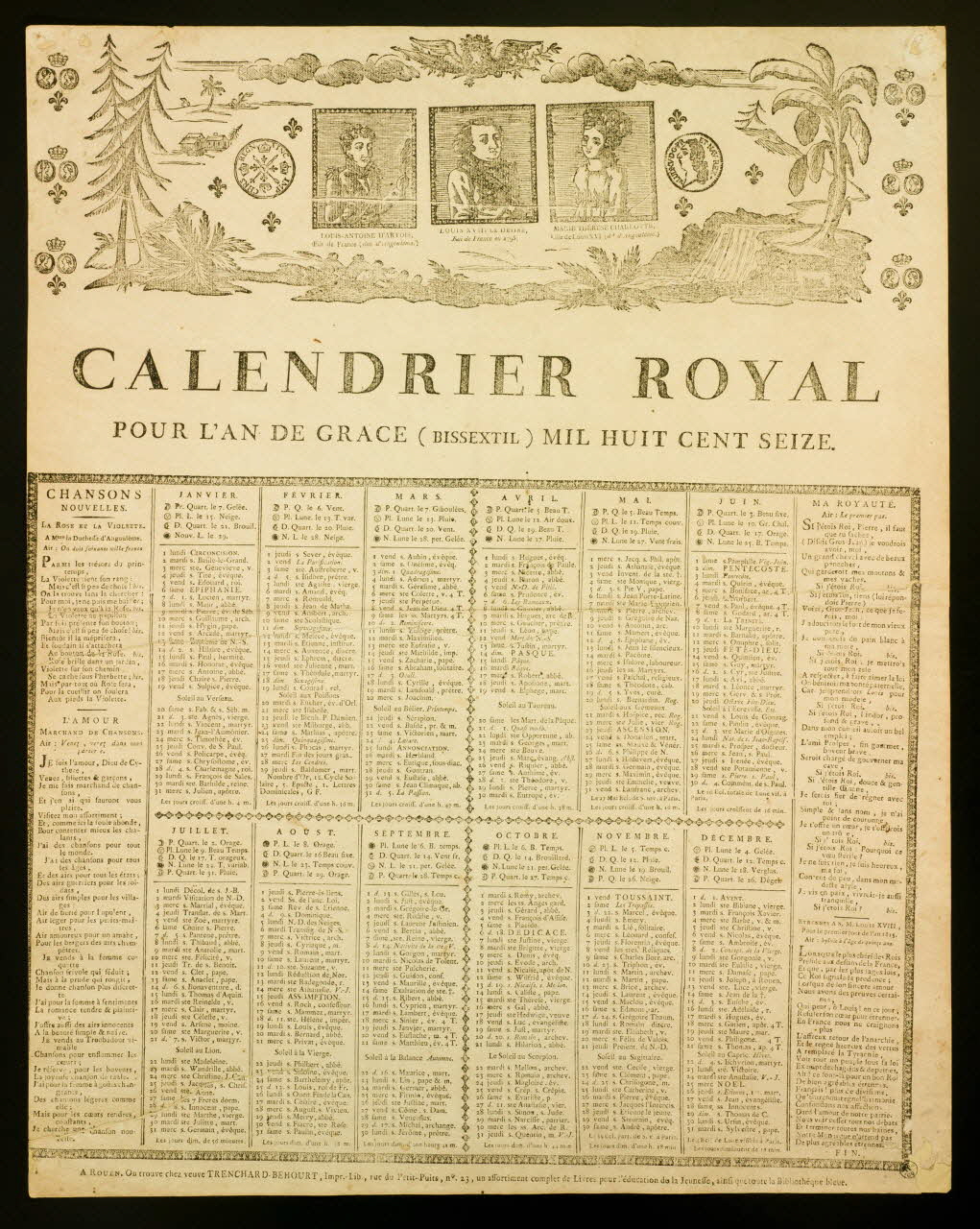 Trenchard-Béhourt veuve ; Trenchard-Béhourt veuve (imprimeur imagerie ancienne CALENDRIER ROYAL  POUR L'AN DE GRACE (BISSEXTIL) MIL HUIT CENT SEIZE. Rouen 1815 1956.9.1.23 Photo