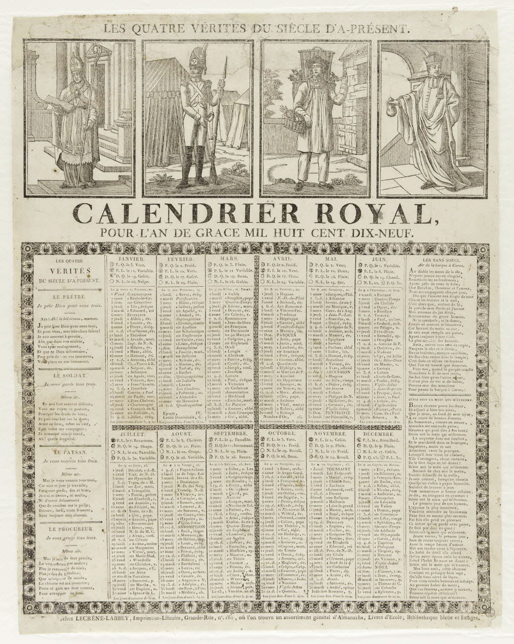 Laurent-Thomas-Joseph Lecrène-Labbey imagerie ancienne LES QUATRE VERITES DU SIECLE D'A-PRESENT.  CALENDRIER ROYAL  POUR L'AN DE GRACE MIL HUIT CENT DIX-NEUF. Rouen 1818 1956.9.1.25 Photo