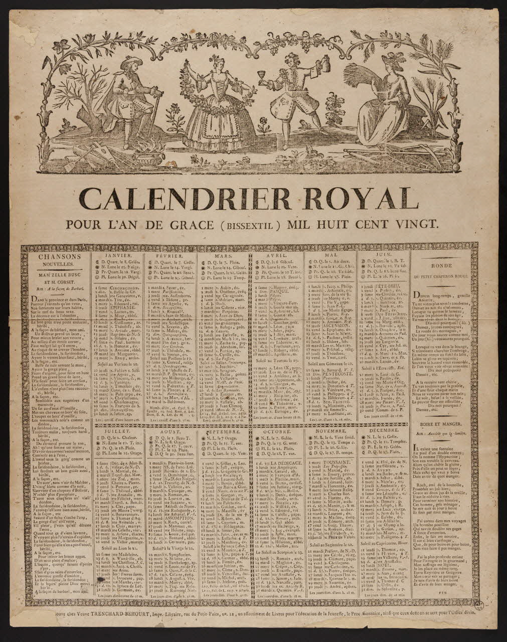 Trenchard-Béhourt veuve ; Trenchard-Béhourt veuve (imprimeur imagerie ancienne CALENDRIER ROYAL  POUR L'AN DE GRACE (BISSEXTIL) MIL HUIT CENT VINGT. Rouen 1819 1956.9.1.26 Photo