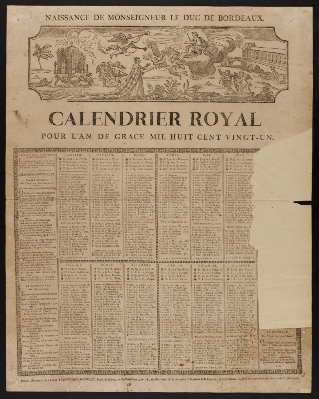Trenchard-Béhourt veuve ; Trenchard-Béhourt veuve (imprimeur imagerie ancienne NAISSANCE DE MONSEIGNEUR LE DUC DE BORDEAUX.  CALENDRIER ROYAL  POUR L'AN DE GRACE MIL HUIT CENT VINGT-UN. Rouen 1820 1956.9.1.27 Photo