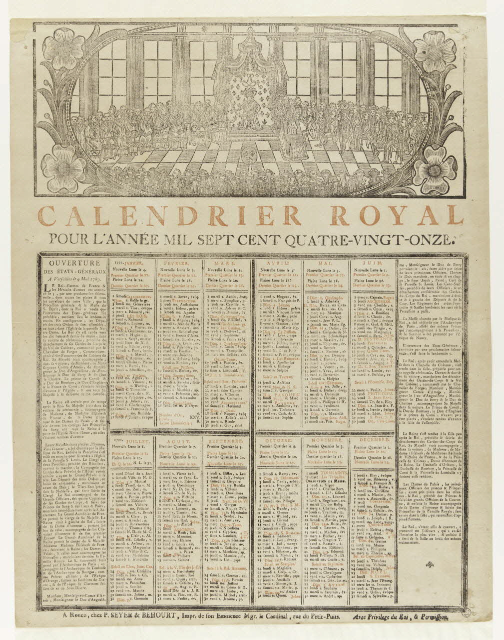 Seyer P. ; Béhourt imagerie ancienne CALENDRIER ROYAL  POUR L'ANNEE MIL SEPT CENT QUATRE-VINGT-ONZE. Rouen 1790 1956.9.1.3 Photo