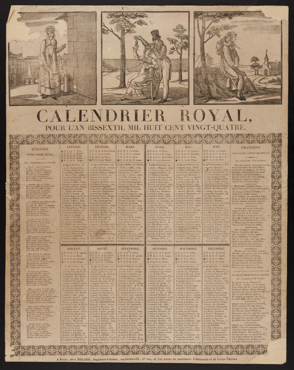 Mégard Jean-Baptiste-Pierre-Sébastien imagerie ancienne CALENDRIER ROYAL,  POUR L'AN BISSEXTIL MIL HUIT CENT VINGT-QUATRE. Rouen 1823 1956.9.1.30 Photo