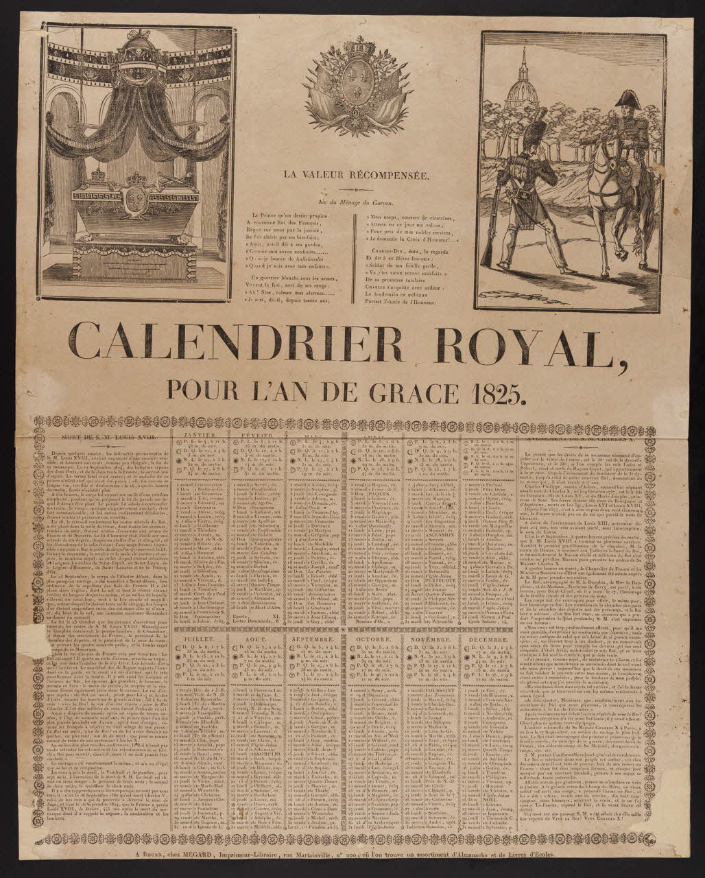 Mégard Jean-Baptiste-Pierre-Sébastien imagerie ancienne LA VALEUR RECOMPENSEE.  CALENDRIER ROYAL  POUR L'AN DE GRACE 1825 Rouen 1824 1956.9.1.31 Photo