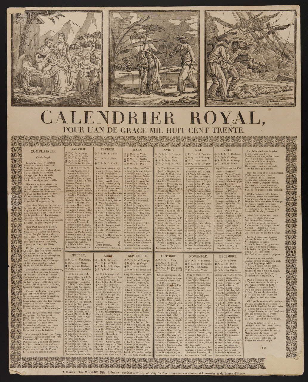 Sébastien Mégard imagerie ancienne CALENDRIER ROYAL,  POUR L'AN DE GRACE MIL HUIT CENT TRENTE. Rouen 1829 1956.9.1.34 Photo