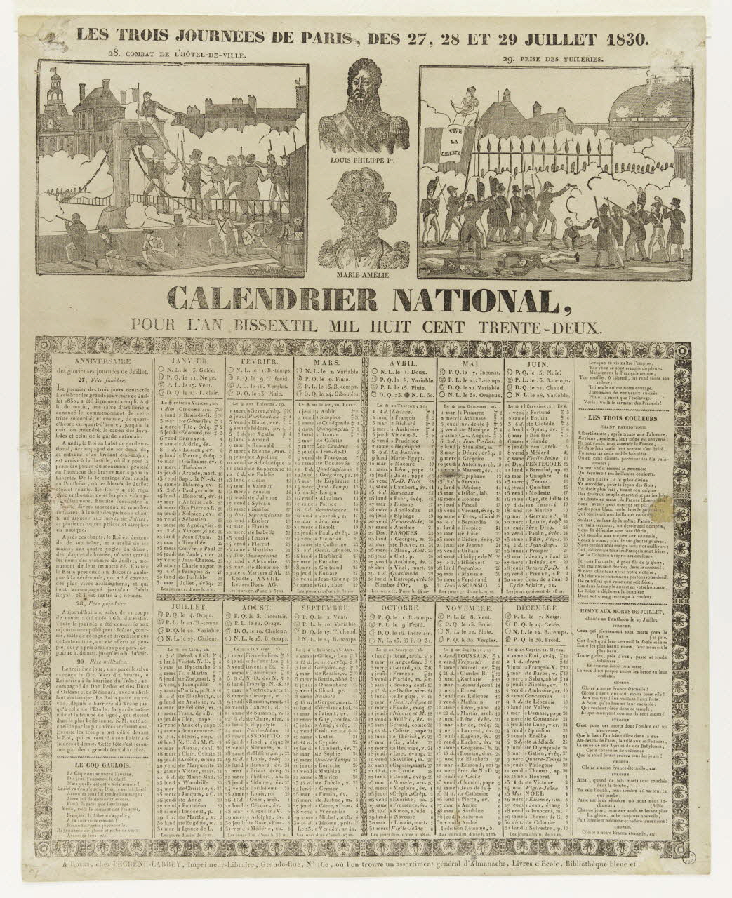 Laurent-Thomas-Joseph Lecrène-Labbey imagerie ancienne CALENDRIER NATIONAL,  POUR L'AN BISSEXTIL MIL HUIT CENT TRENTE-DEUX. Rouen 1831 1956.9.1.35 Photo