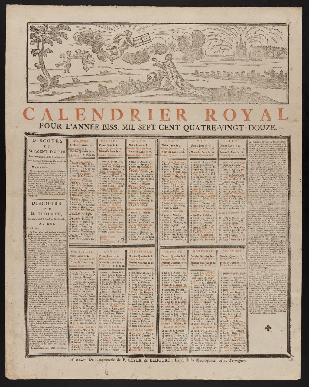 Seyer P. ; Béhourt imagerie ancienne CALENDRIER ROYAL  POUR L'ANNEE BISS. MIL SEPT CENT QUATRE-VINGT-DOUZE. France 1791 1956.9.1.4 Photo
