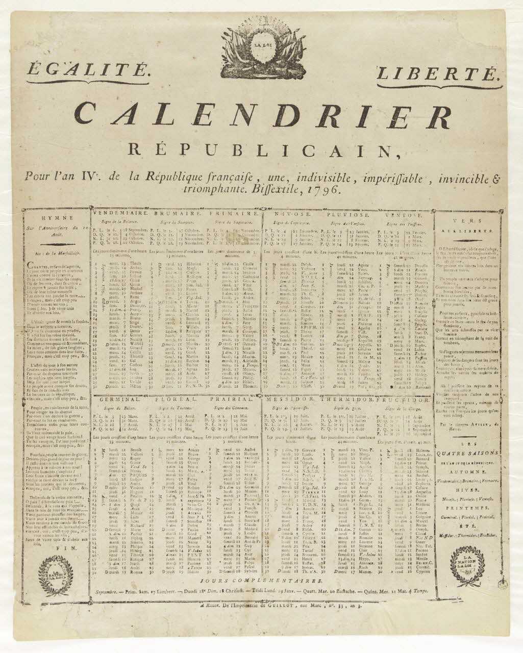 Guillot imagerie ancienne EGALITE. LIBERTE.  CALENDRIER  REPUBLICAIN, AN IV Paris 1795 1956.9.1.5 Photo