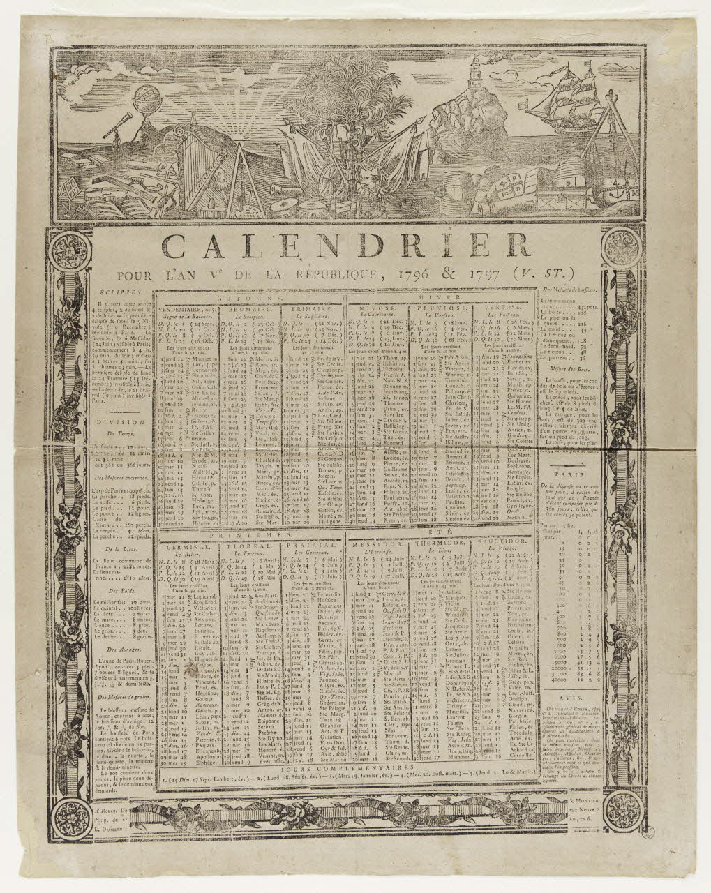 P. Dubuc ; Dumesnil L. veuve ; Montier imagerie ancienne CALENDRIER  POUR L'AN Ve DE LA REPUBLIQUE, Rouen 1796 1956.9.1.6 Photo