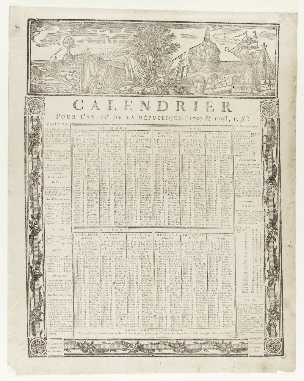 P. Dubuc ; Dumesnil L. veuve ; Montier imagerie ancienne CALENDRIER  POUR L'AN VIe DE LA REPUBLIQUE Rouen 1797 1956.9.1.7 Photo
