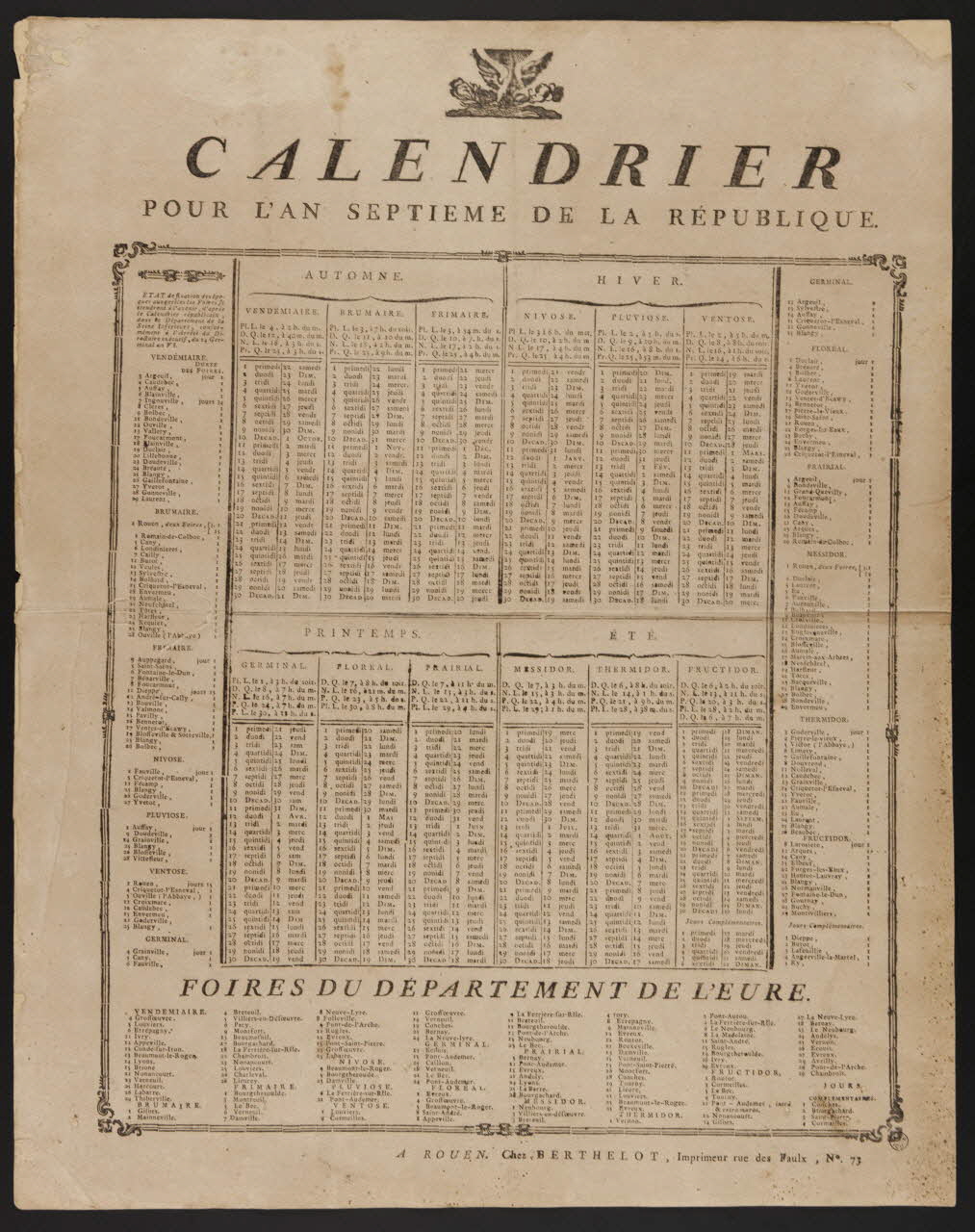 Berthelot imagerie ancienne CALENDRIER  POUR L'AN SEPTIEME DE LA REPUBLIQUE. Rouen 1799 1956.9.1.8 Photo