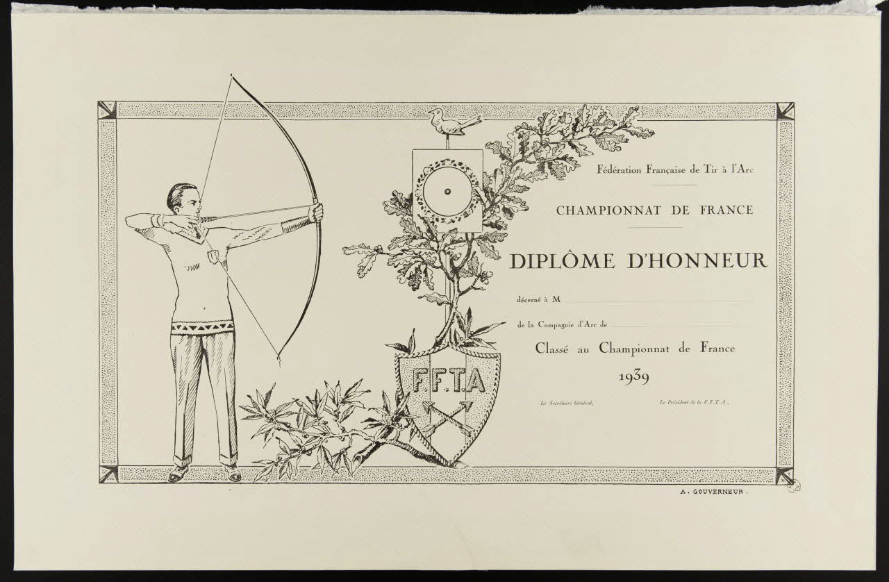 estampe Fédération Française de Tir à l'Arc  CHAMPIONNAT DE FRANCE  DIPLÔME D'HONNEUR 1957.103.2 Photo