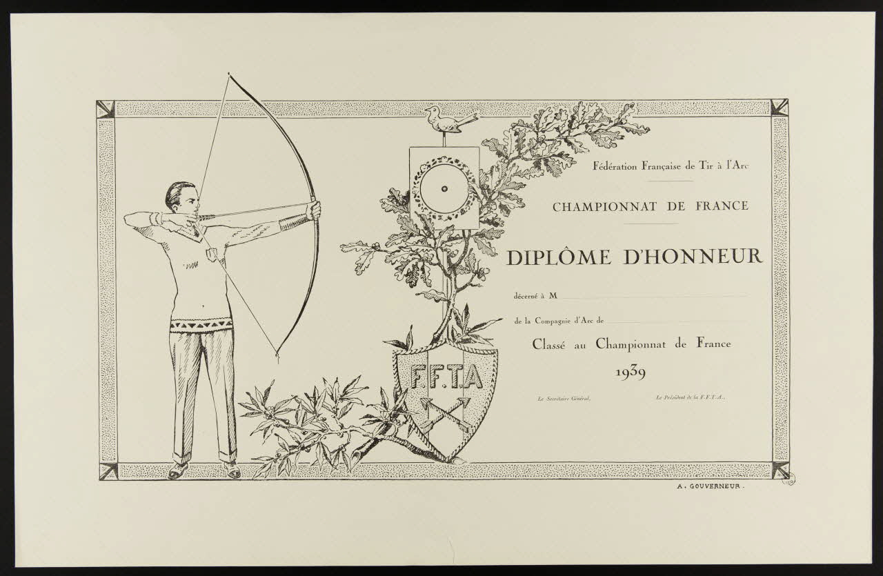 estampe Fédération Française de Tir à l'Arc  CHAMPIONNAT DE FRANCE  DIPLÔME D'HONNEUR 1957.103.3 Photo