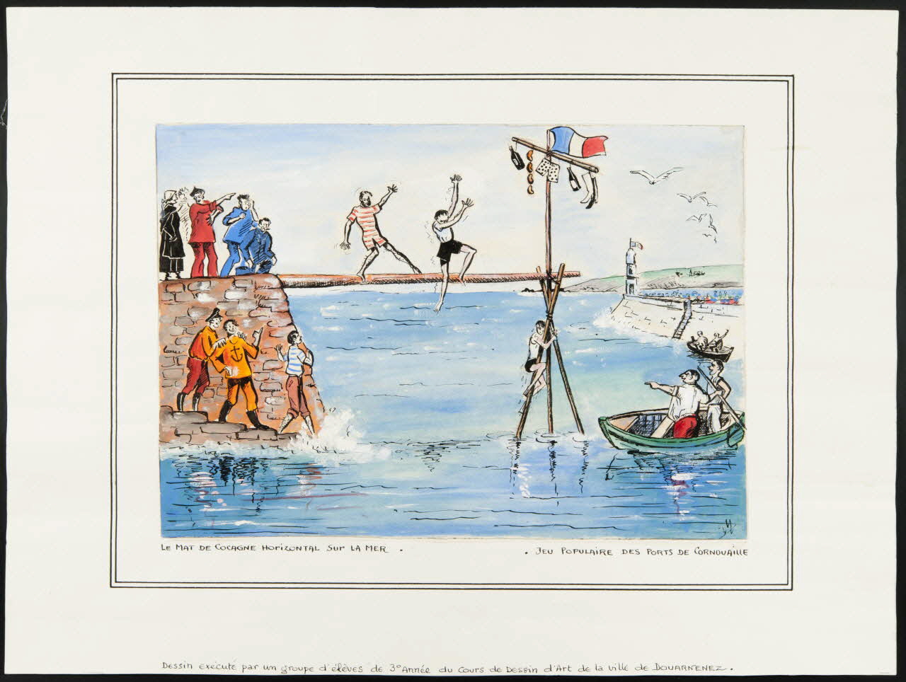 dessin LE MAT DE COCAGNE HORIZONTAL SUR LA MER  JEU POPULAIRE DES PORTS DE CORNOUAILLE 1957.11.66 Photo