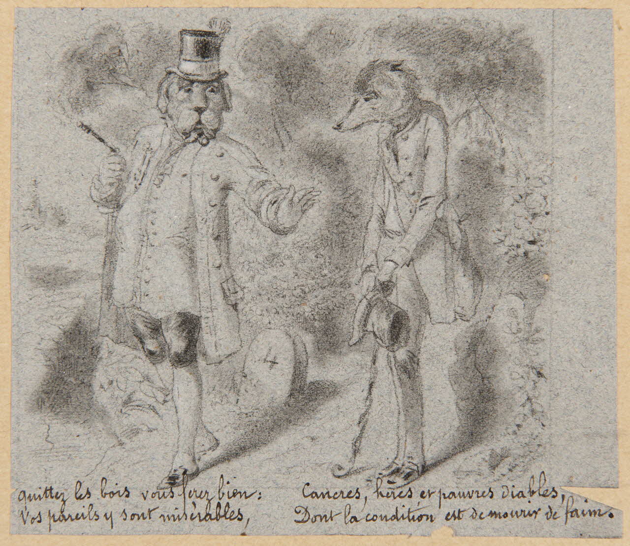 François-Charles Pinot dessin Quittez les bois vous ferez bien :  Vos pareils y sont misérables,  Cancres, hères et pauvres diables,  Dont la condition est de mourir de faim. 1847-1874 1957.131.52 Photo