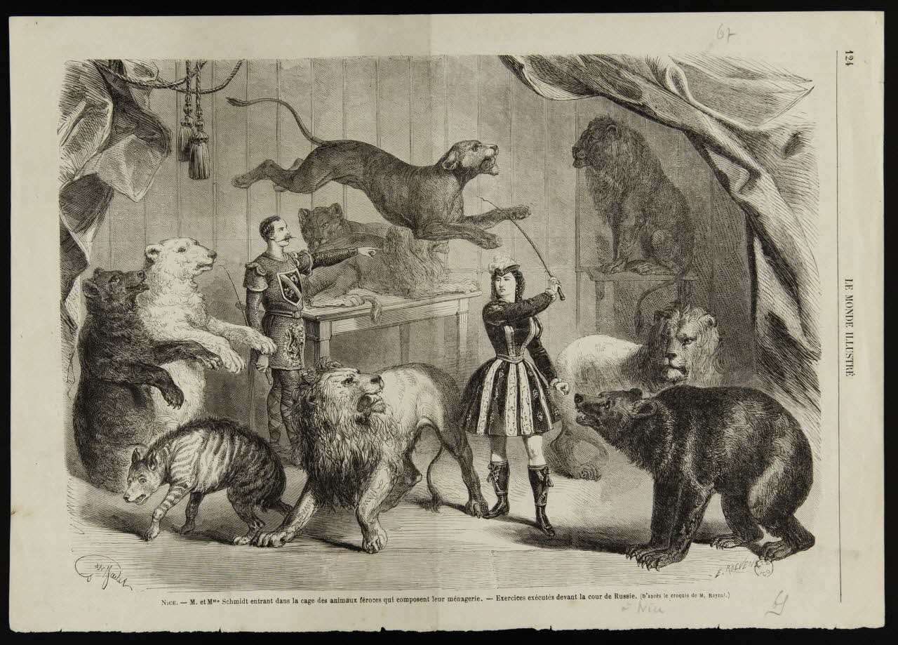 estampe LE MONDE ILLUSTRE  NICE. - M. et Mme Schmidt entrant dans la cage des animaux féroces qui composent leur ménagerie. 1957.18.4 Photo