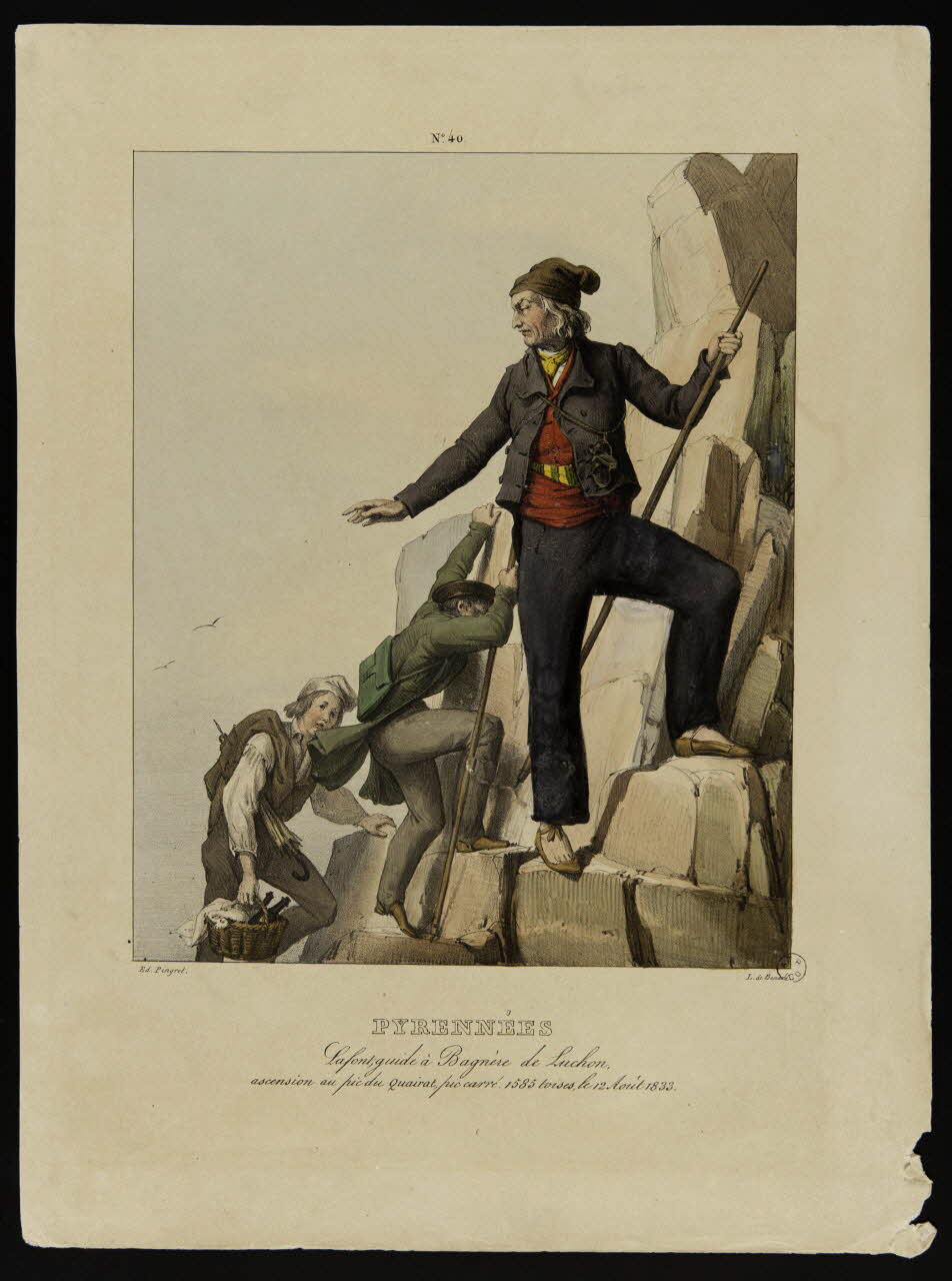 estampe PYRENNEES  Lafont, guide à Bagnère de Luchon,  ascension au pic du Quairat, pic carré. 1585 toises, le 12 Août 1833. 1957.38.13 Photo
