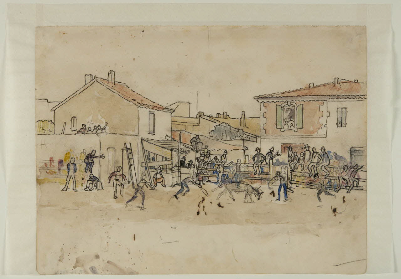 dessin Jeu avec une vache sur la place du village 1957.74.272.1 Photo