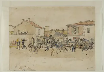 dessin Jeu avec une vache sur la place du village 1957.74.272.1  Photo