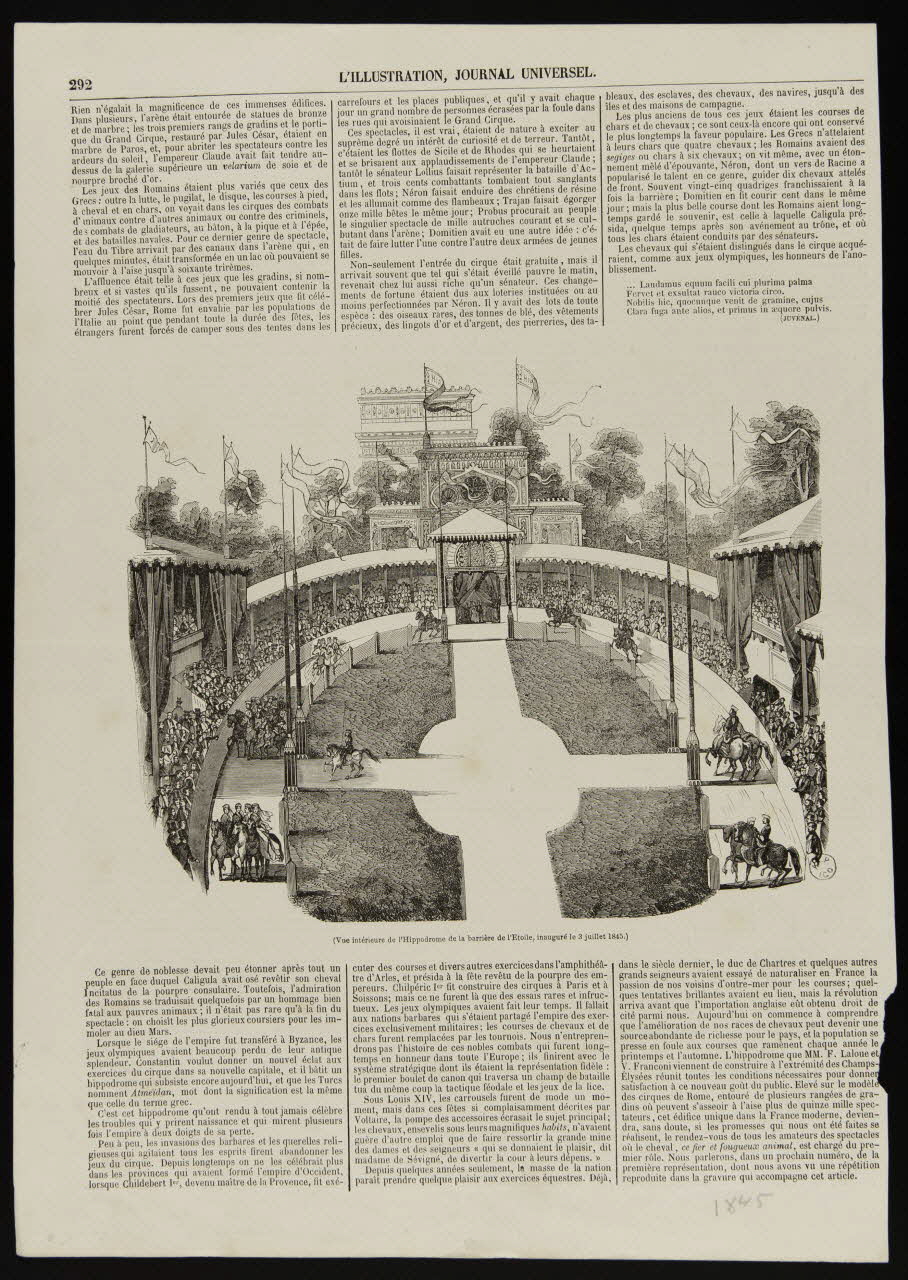 estampe L'ILLUSTRATION, JOURNAL UNIVERSEL.  (Vue intérieure de l'Hippodrome de la barrière de l'Etoile, inauguré le 3 juillet 1845.) 1957.96.9 Photo