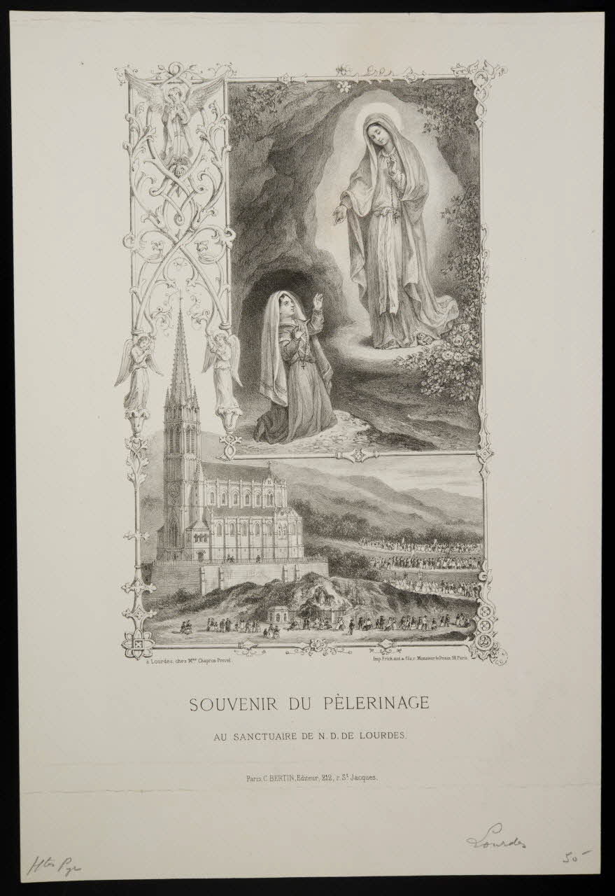 estampe SOUVENIR DE PELERINAGE  AU SANCTUAIRE DE N. D. DE LOURDES. 1958.116.34 Photo