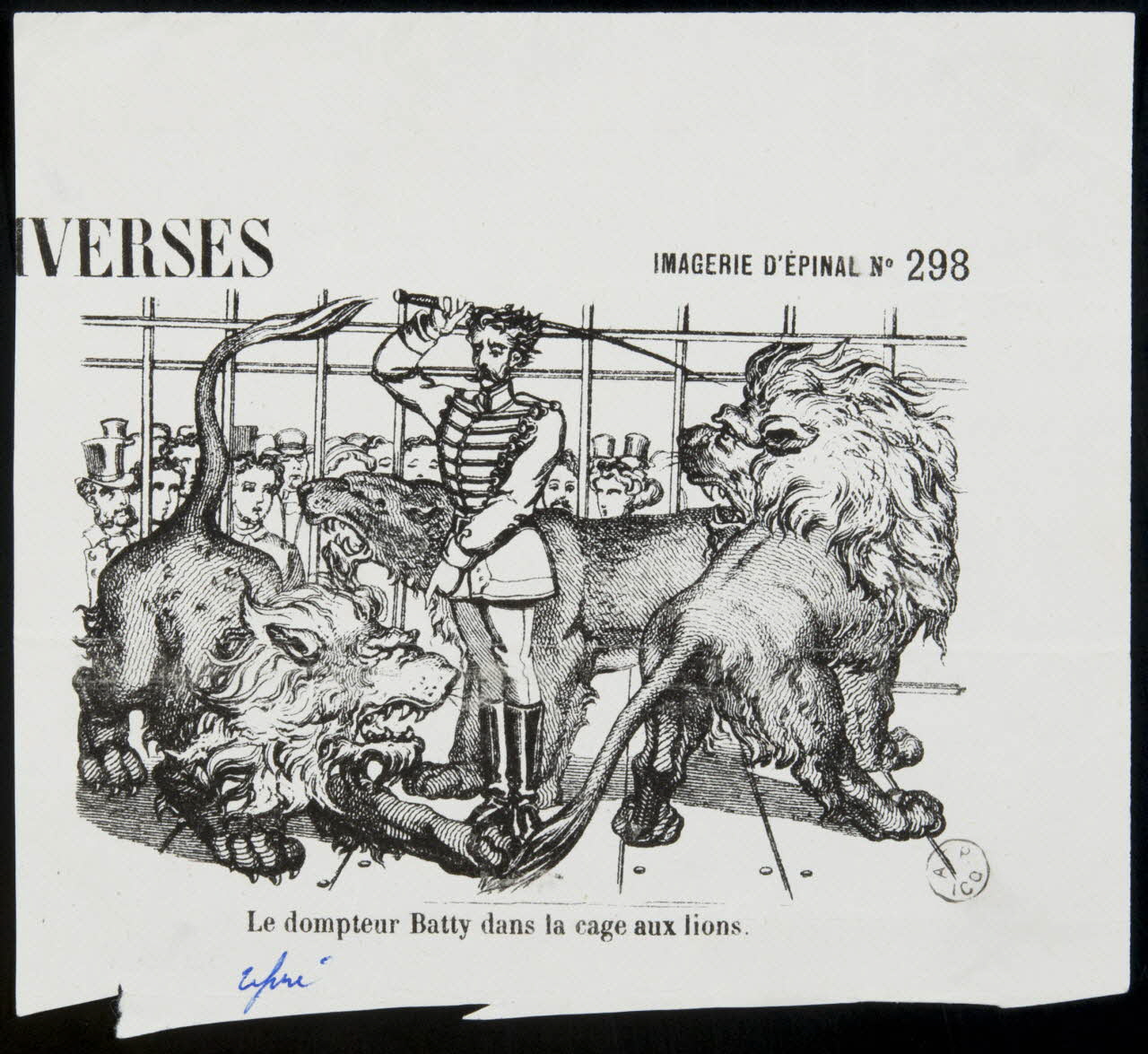 estampe Le dompteur Batty dans la cage aux lions. 1958.5.1 Photo