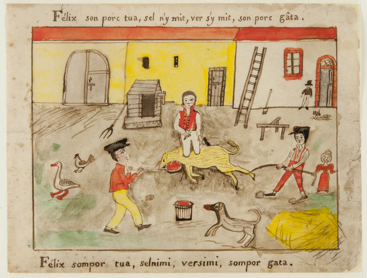 dessin Félix son porc tua, sel n'y mit, ver s'y mit, son porc gâta. 1959.28.21.14 Photo