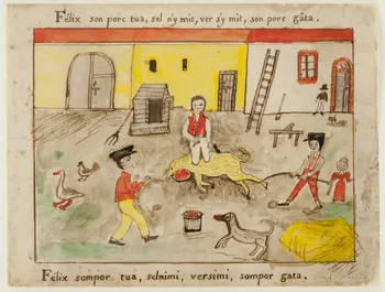 dessin Félix son porc tua, sel n'y mit, ver s'y mit, son porc gâta. 1959.28.21.14  Photo