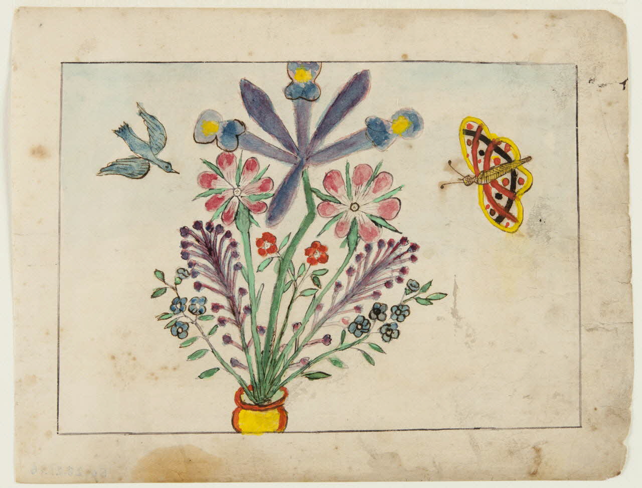 dessin Oiseau, papillon et vase de fleurs 1959.28.21.16 Photo