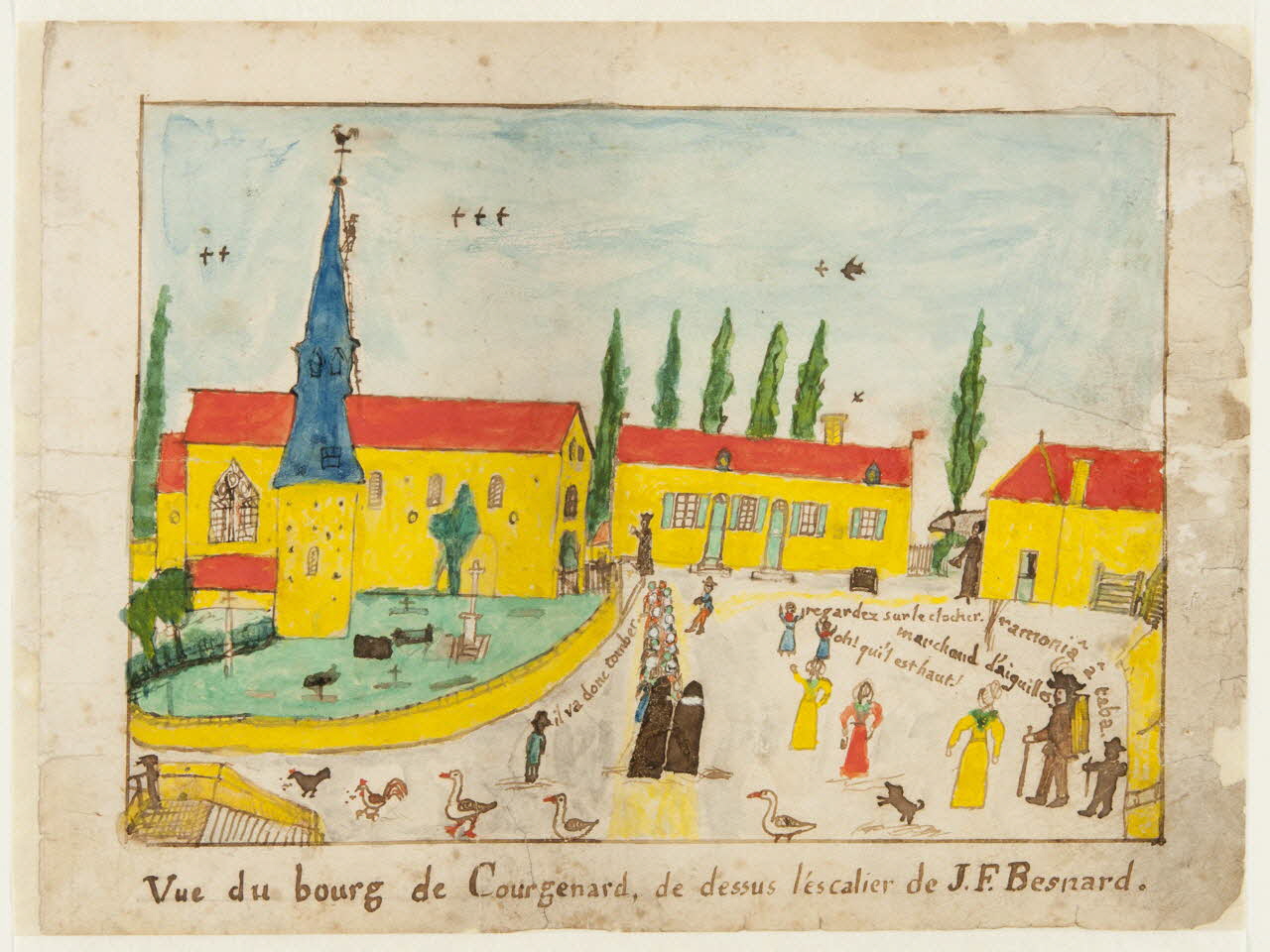 dessin Vue du bourg de Courgenard, de dessus l'escalier de J.F. Besnard. 1959.28.21.2 Photo