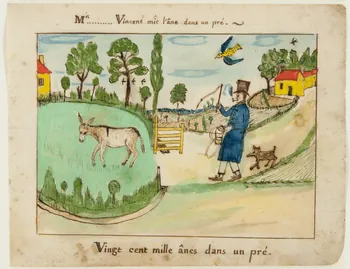 dessin MR.......... Vincent mît l'âne dans un pré.  Vingt cent mille ânes dans un pré 1959.28.21.22  Photo
