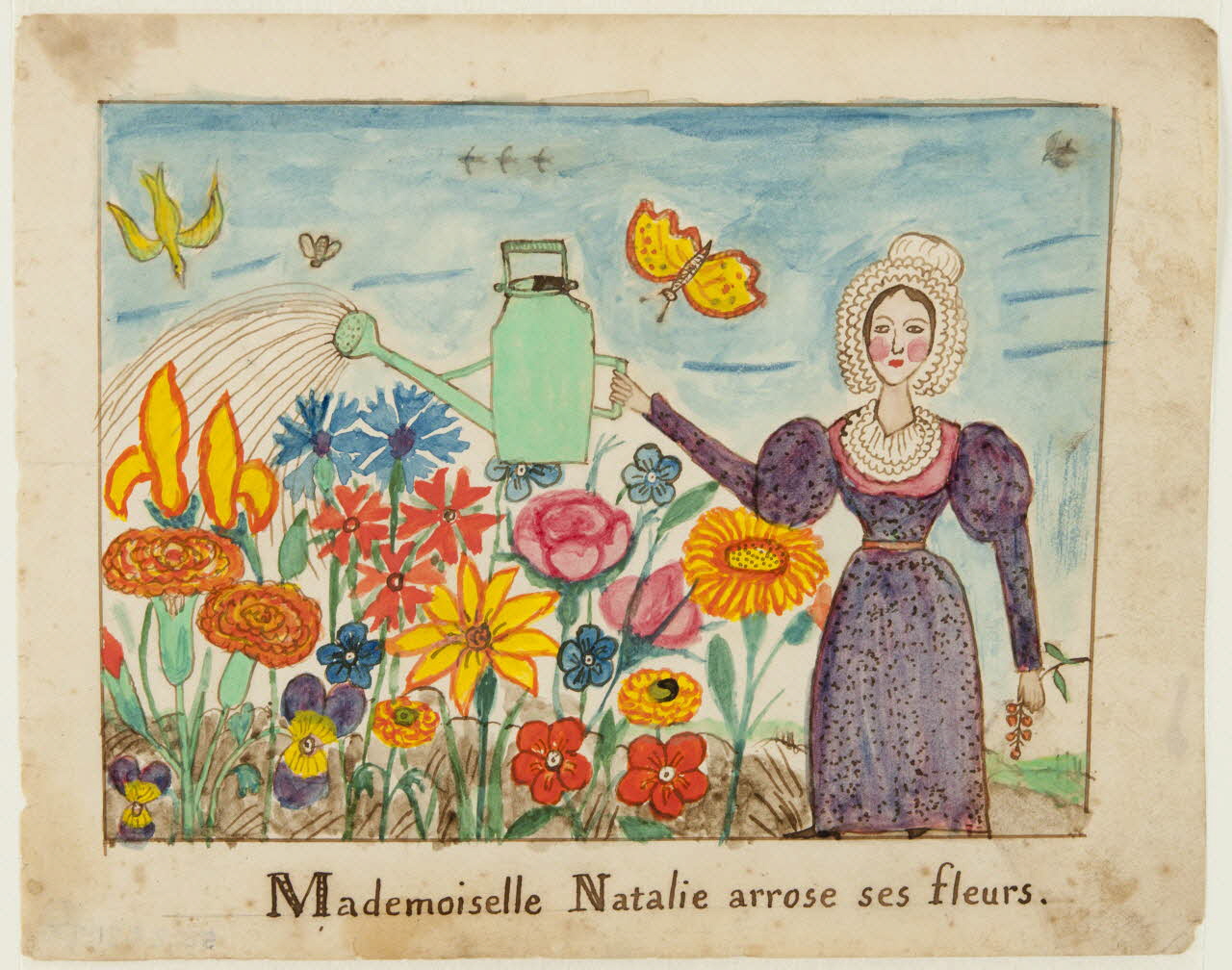 dessin Mademoiselle Natalie arrose ses fleurs. 1959.28.21.23 Photo