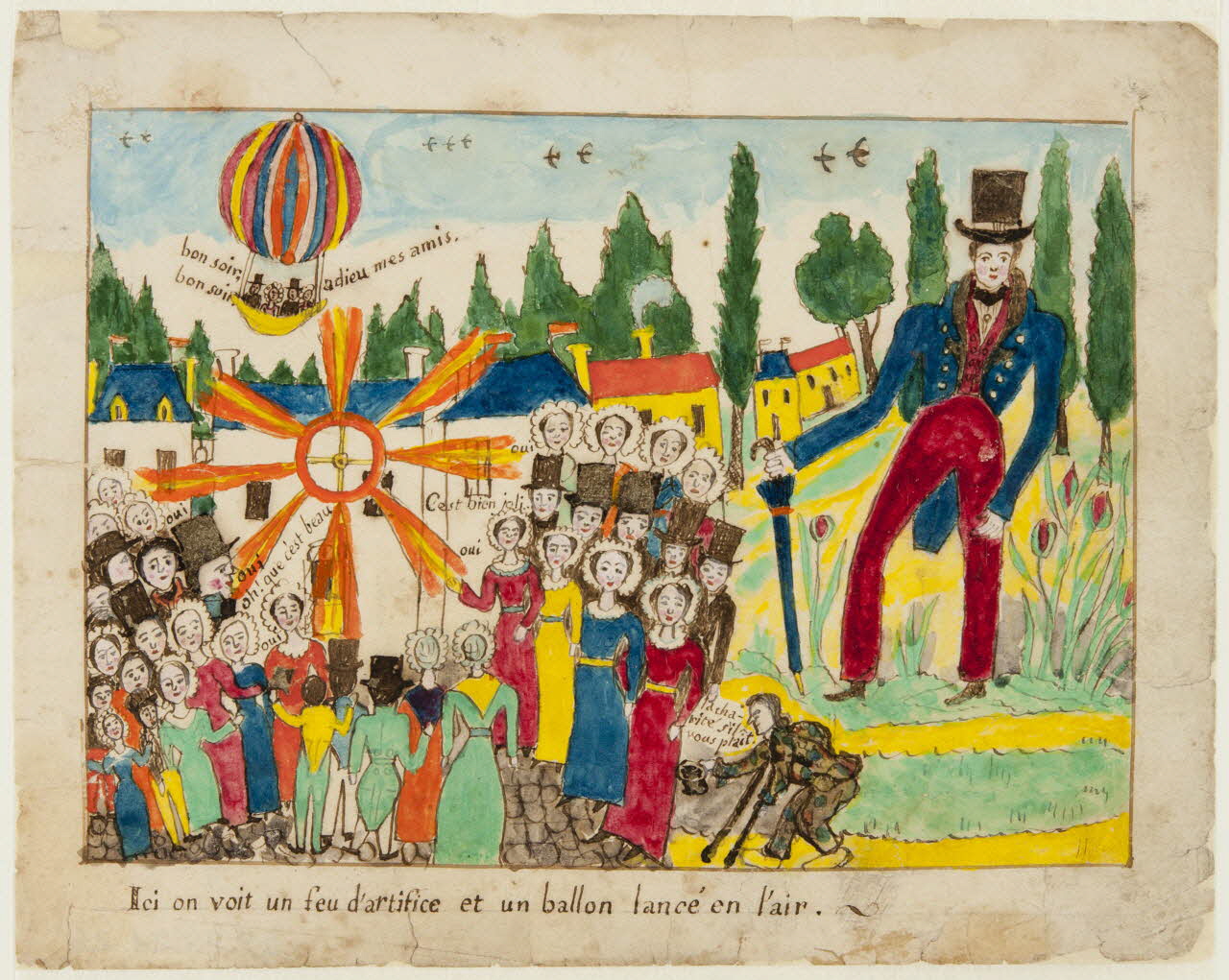 dessin Ici, on voit un feu d'artifice et un ballon lancé en l'air 1959.28.21.26 Photo