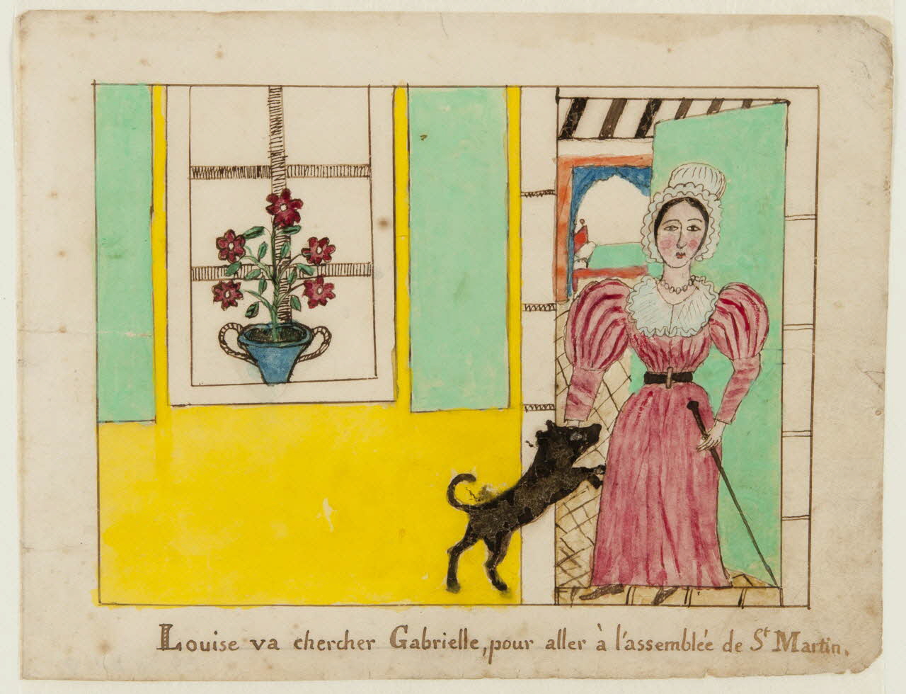 dessin Louise va chercher Gabrielle, pour aller à l'assemblée de St Martin. 1959.28.21.9 Photo
