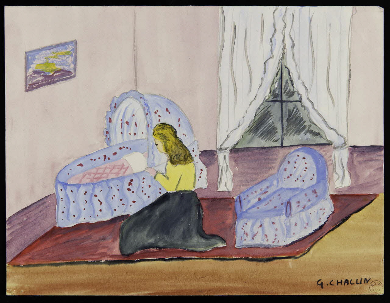 enfant dessin d'enfant Femme agenouillée devant un berceau 1945 1959.46.10 Photo