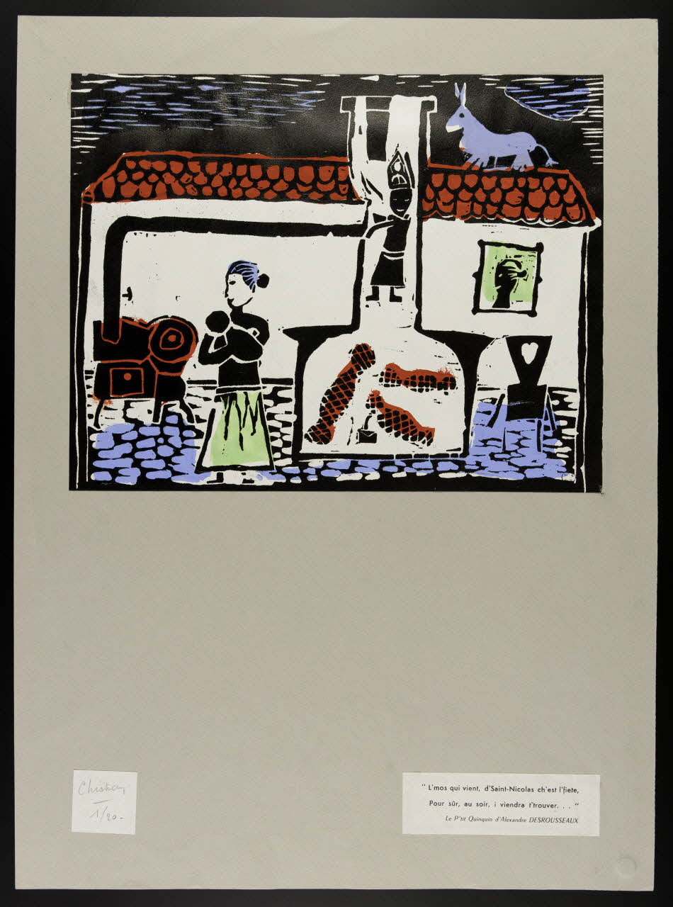 estampe "L'mos qui vient, d'Saint-Nicolas ch'est l'fiete,  Pour sûr, au soir, i viendra t'trouver..." 1959.46.16 Photo