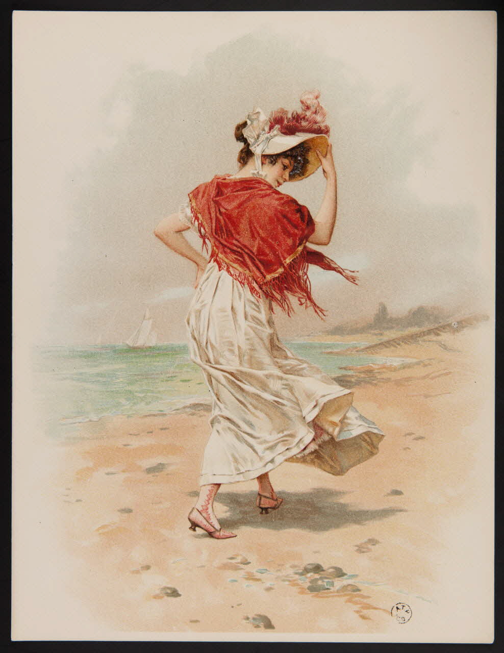 estampe Femme portant un châle rouge et marchant sur la plage 1960.22.17 Photo