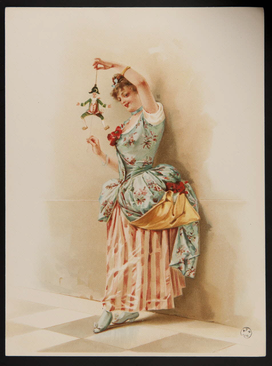 estampe Femme en robe 1870 jouant avec un pantin de bois 1960.22.29 Photo