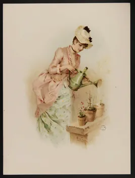 estampe Femme en robe 1880 arrosant ses pots de fleurs 1960.22.30  Photo
