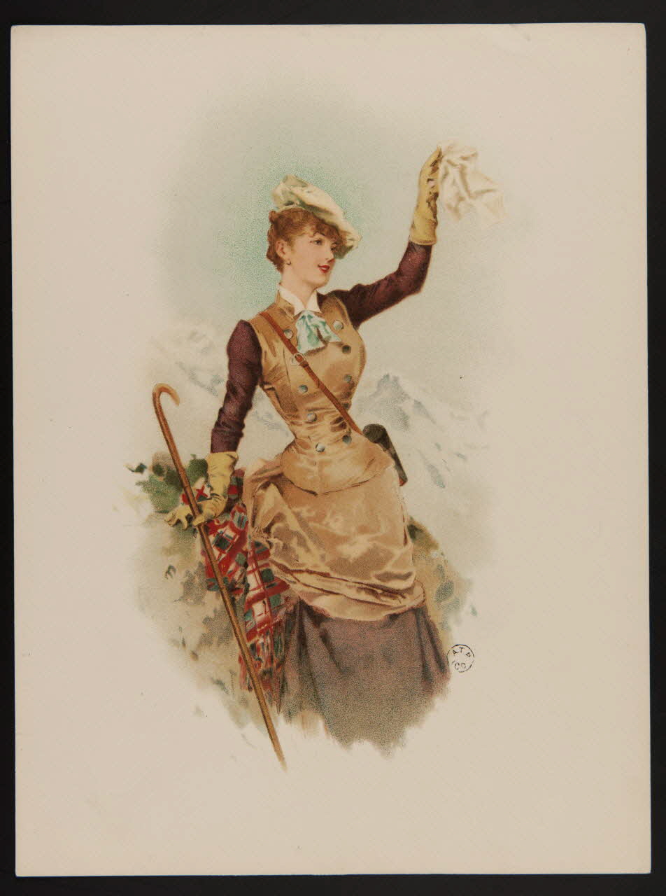 estampe Une femme en randonnée dans la montagne en costume fin XIXe agite un mouchoir blanc 1960.22.31 Photo