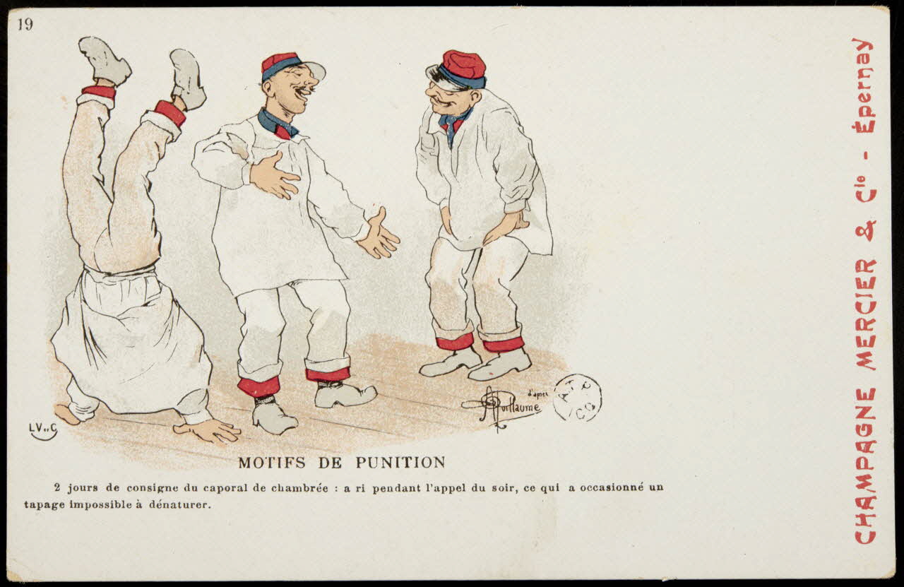 carte réclame MOTIFS DE PUNITION  2 jours de consigne du caporal de chambrée : a ri pendant l'appel du soir, ce qui a occasionné un  tapage impossible à dénaturer. 1960.22.329 Photo