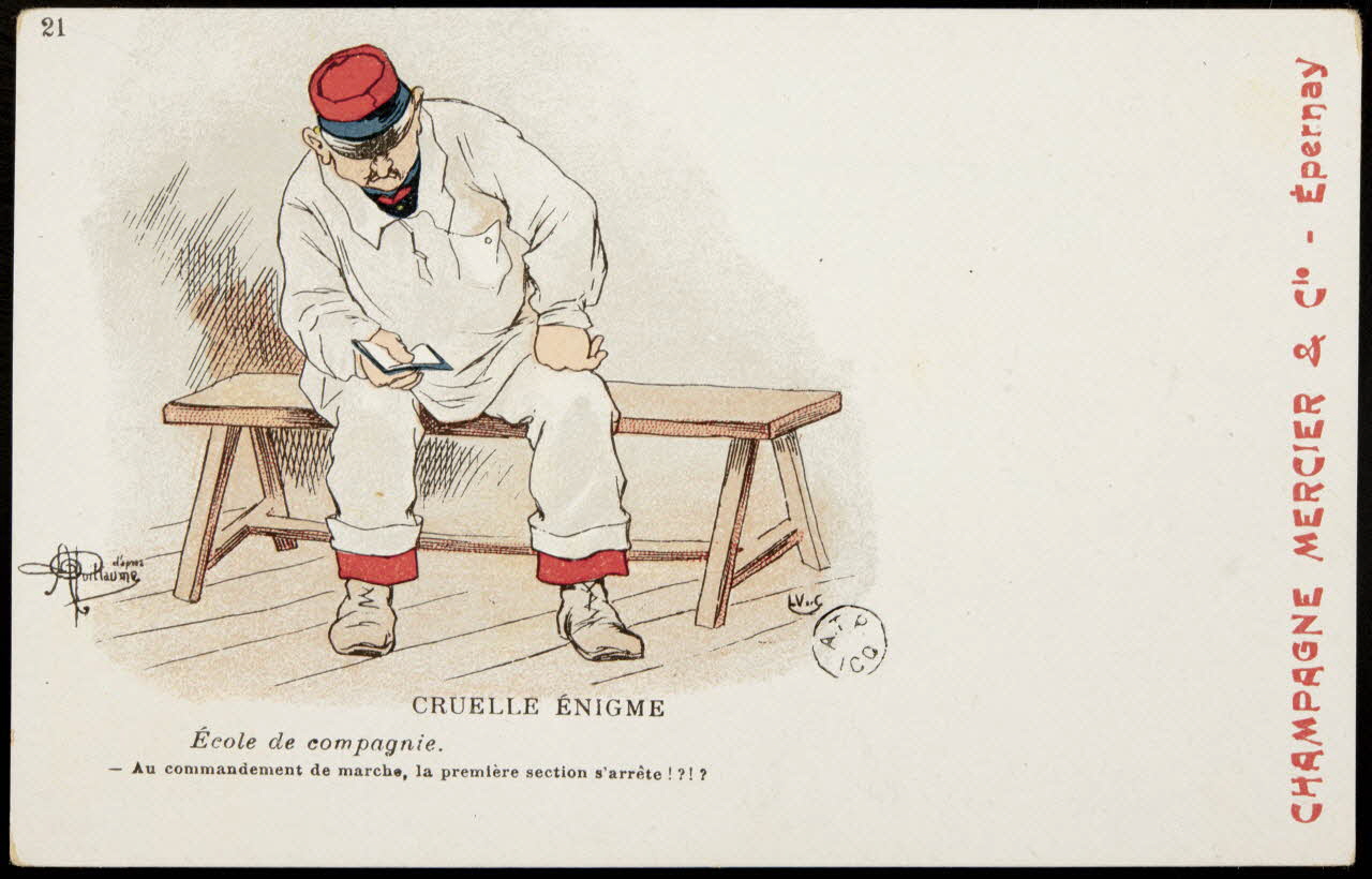 carte réclame CRUELLE ENIGME  Ecole de compagnie.  - Au commandement de marche, la première section s'arrête !?!? 1960.22.331 Photo