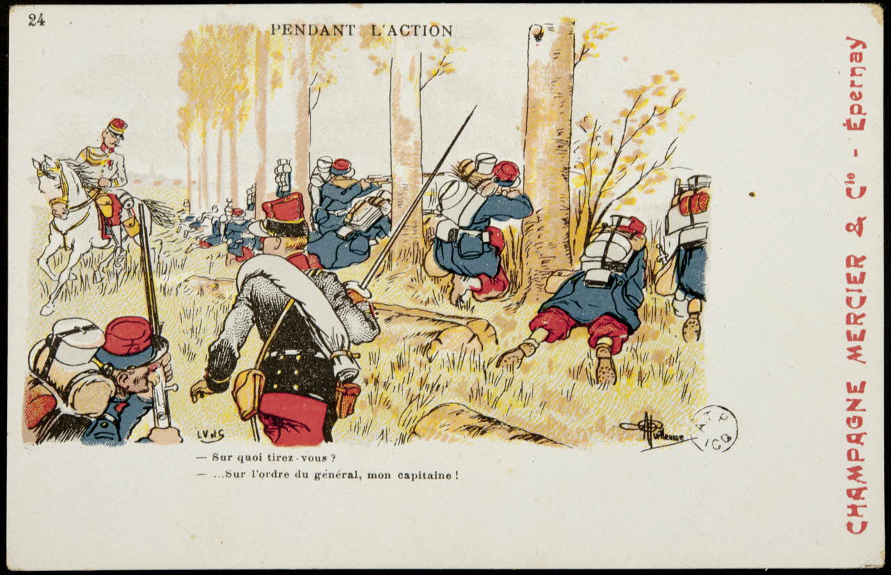 carte réclame PENDANT L'ACTION  - Sur quoi tirez-vous ?  - ... Sur l'ordre du général, mon capitaine ! 1960.22.334 Photo